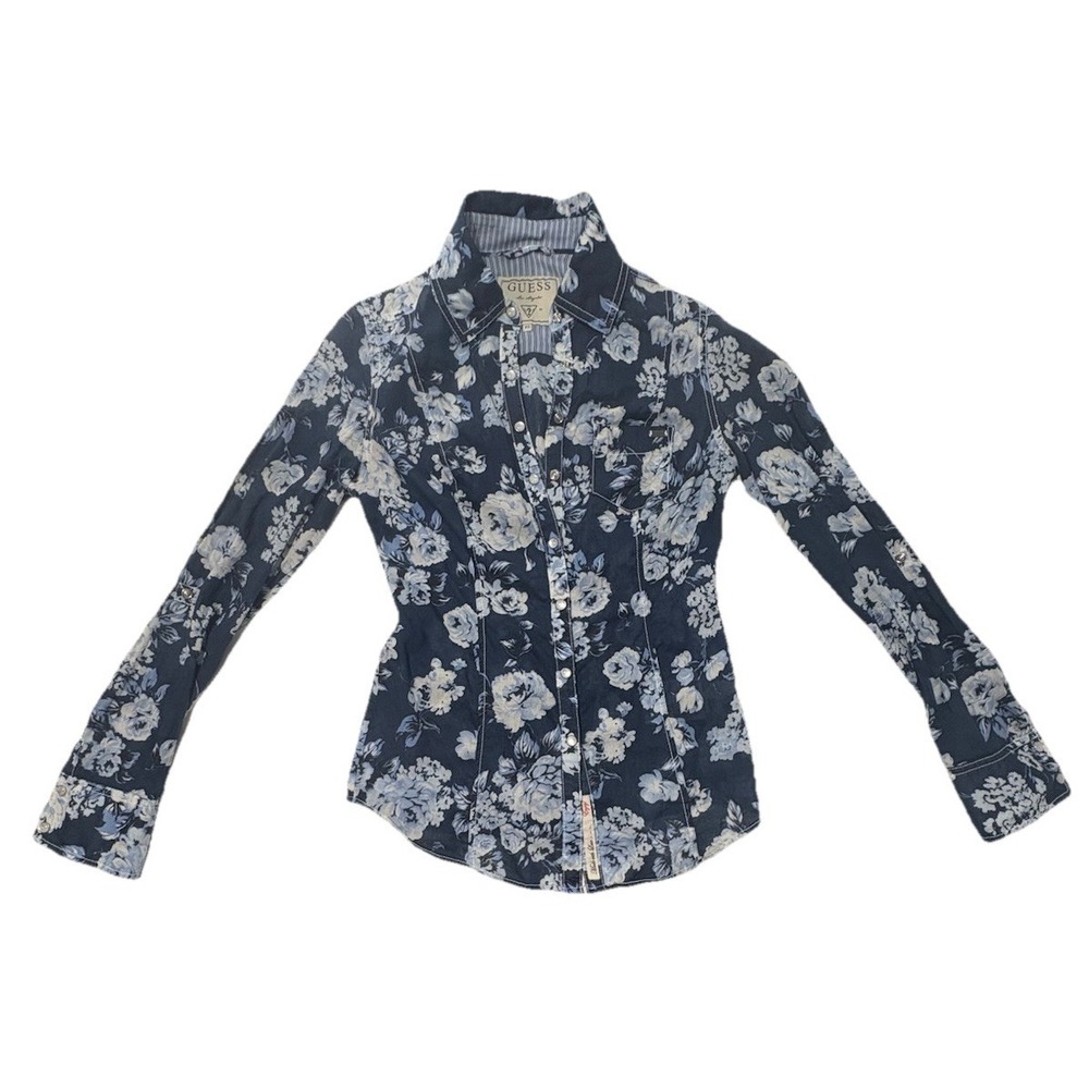 Guess Navy Blue Floral Button-Up Blouse